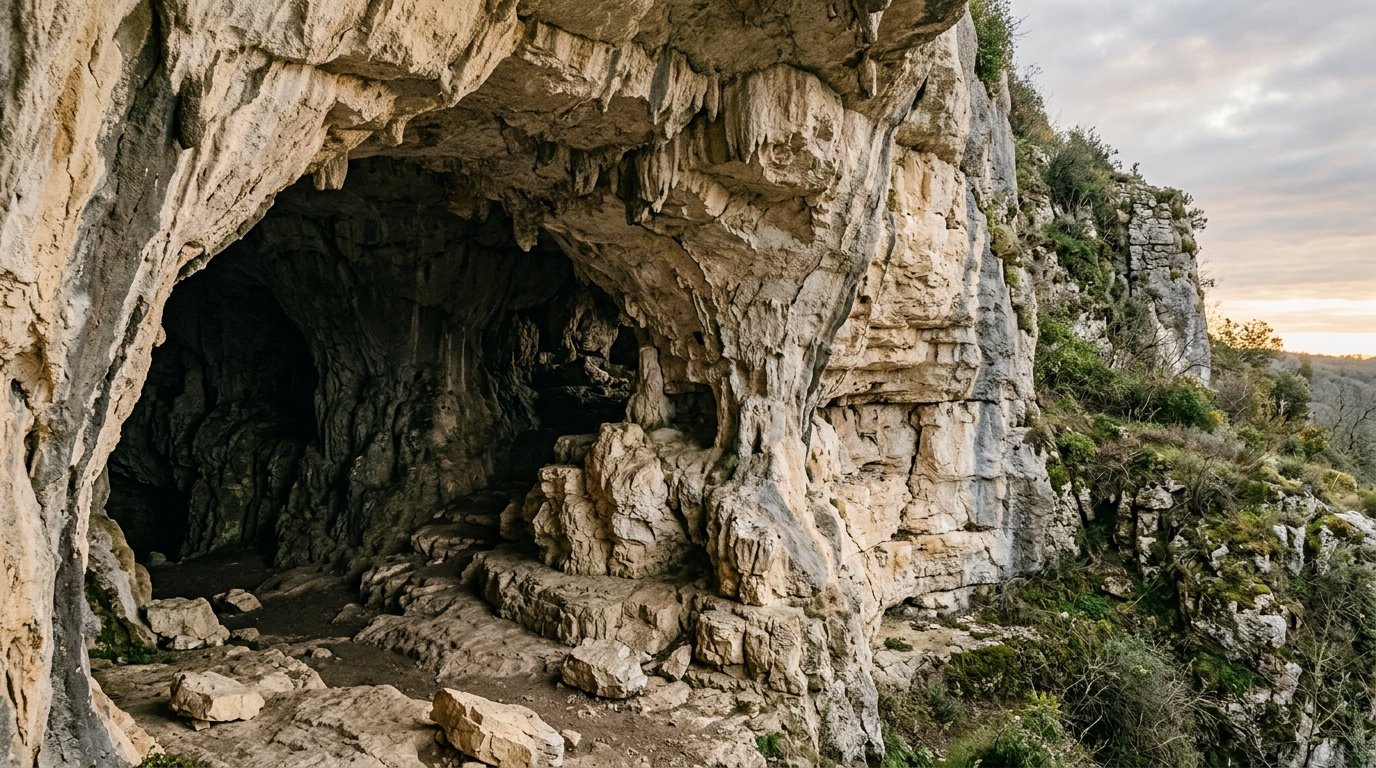 Natural limestone cave entrance illuminated by soft dawn light, deep twilight shadows