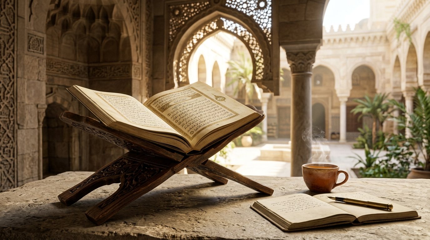 Open Quran on carved wooden stand in serene scholarly sanctuary